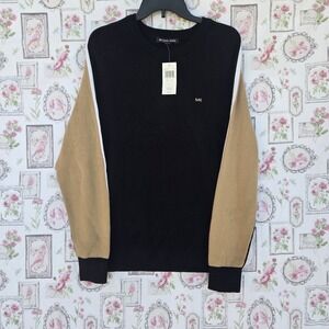 New Michael Kors Mens MK Logo Black Tan Knit Pullover Sweater Size Medium